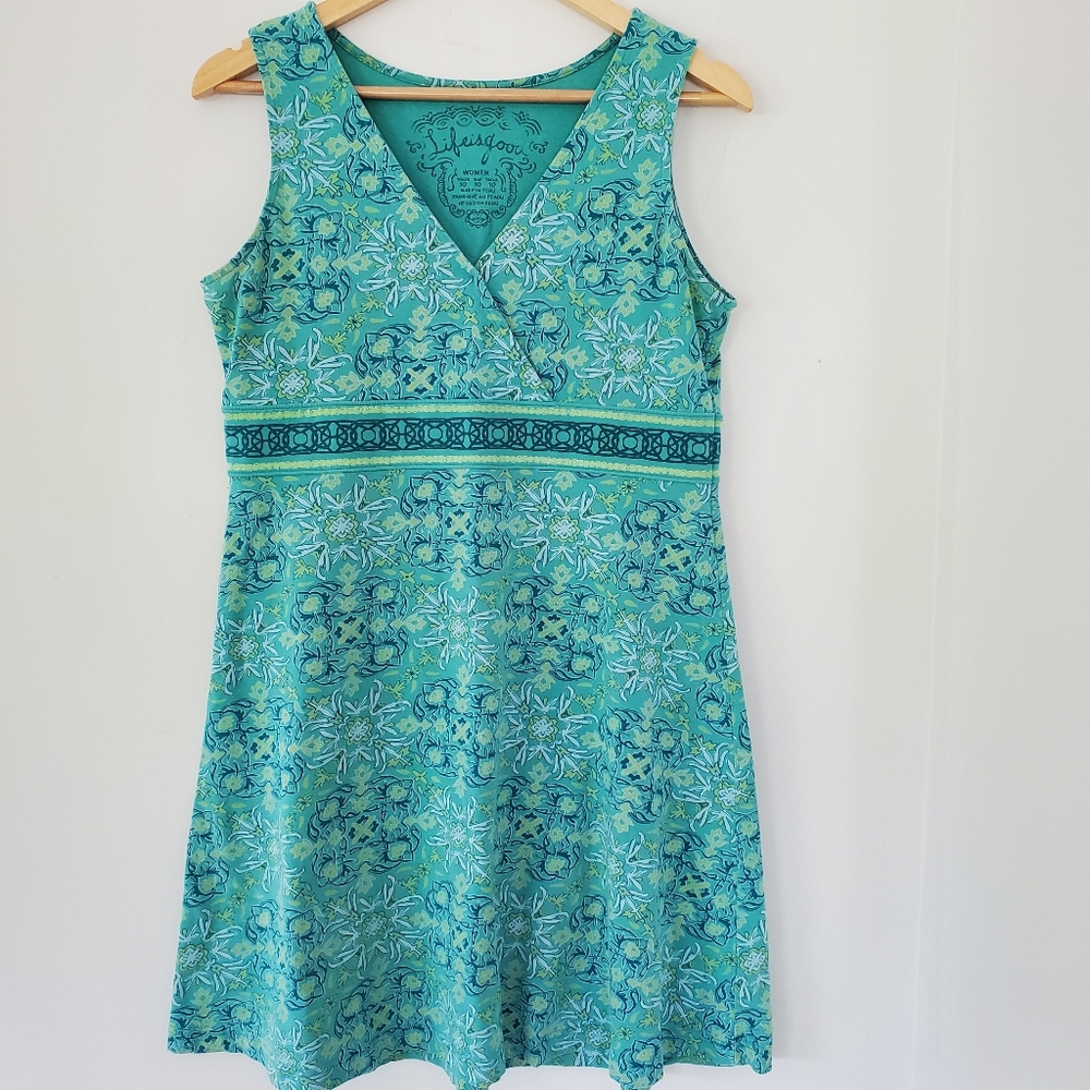 LIFE IS GOOD 10 Turquoise Green V-Neck Sleeveless Active Dress Boho Floral Comfy - Picture 5 of 12